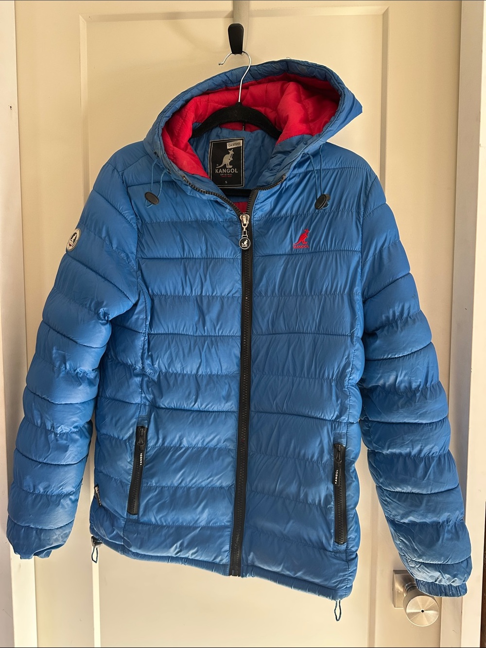 Kangol Bright Blue Puffer Jacket with Red Hood Lining
